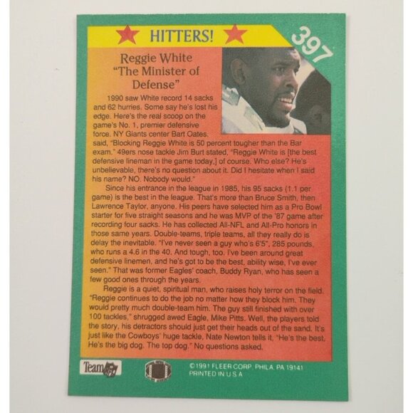 Philadelphia Eagles Reggie White 1991 Fleer - #397 - Picture 2 of 5
